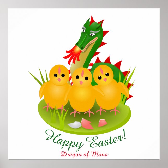 Poster Felz pascoa de três pintinhos e Dragão de Mons (Frente)