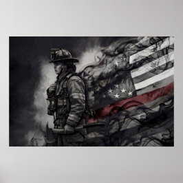 Poster Female Firefighter Red Line American Flag Tribute