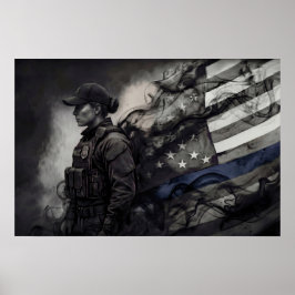 Poster Female Police Tribute Blue Line American Flag LEO