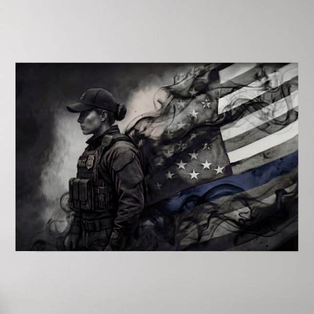 Poster Female Police Tribute Blue Line American Flag LEO (Frente)