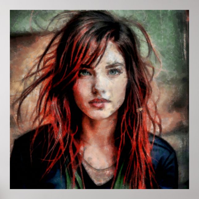 Poster Femme aux cheveux rouges dans le vent (Frente)