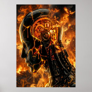 Poster Fenix Cibernético Flamejante Rachou Cabeça de Robô