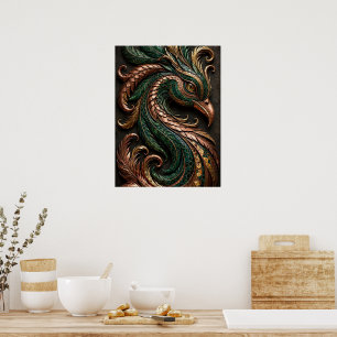 Poster Fenix Mosaico Preto Laranja Verde 3D