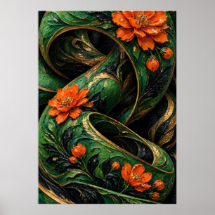 Poster Fenix Mosaico Preto Laranja Verde 3D