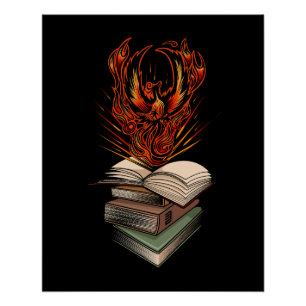 Pôster Fênix Ressurgindo das Chamas dos Livros Fantasia M