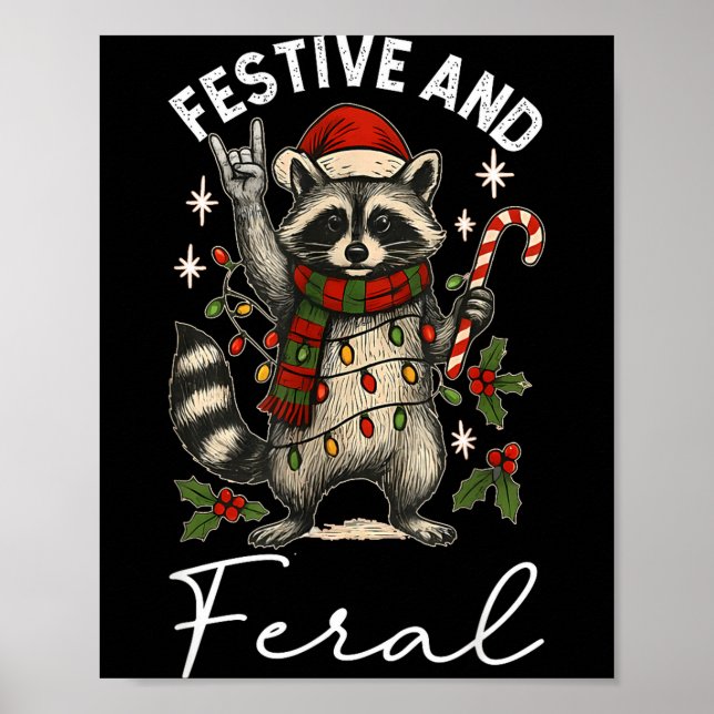 Poster Feral And Festive Raccoon Santa Hat Christmas Ligh (Frente)