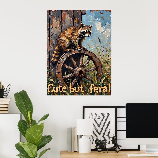 Poster Feral e Rico: Raccoon na Roda Vintage (Escritório em casa)