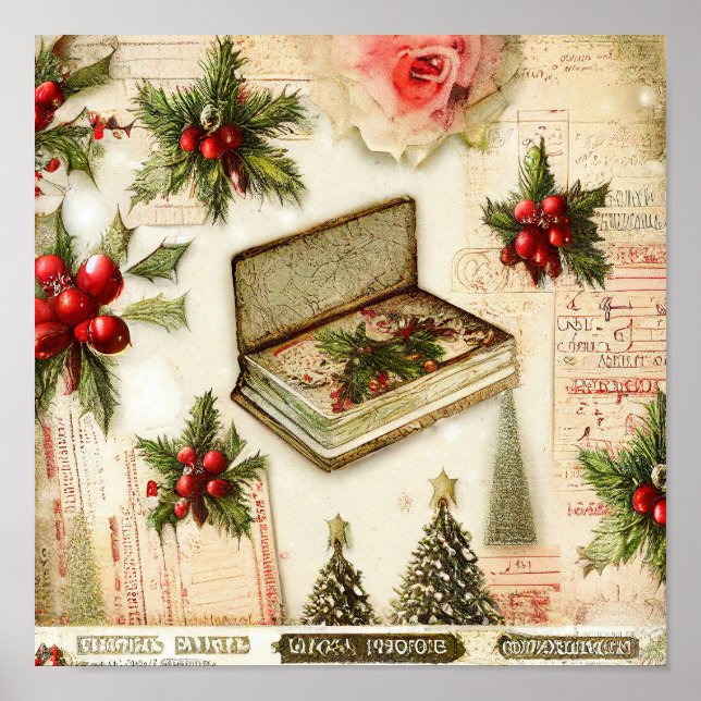 Poster Feriado de Natal Holly Verde Vermelhos Retroativo (Frente)