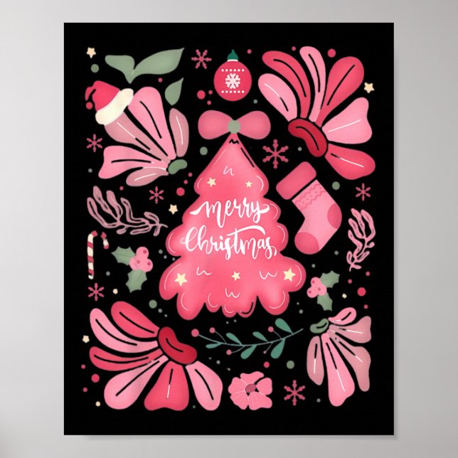 Poster Feriado De Natal Rosa E Feliz De Árvore Brilhante (Frente)