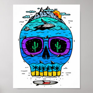 Poster Férias de Surfe de Caveira Engraçada Paraíso Tropi