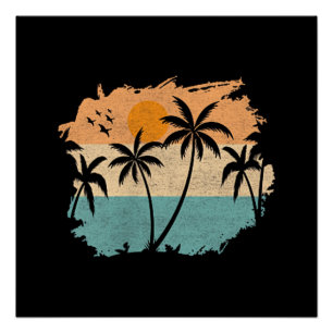 Pôster Férias de Verão Retro Pôr do Sol Praia Palmeiras Á