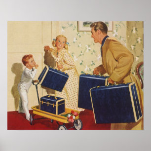 Poster Férias Familiares Vintage, Pais, Crianças e Suitca