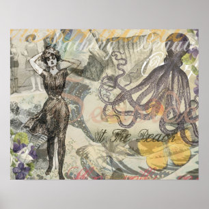 Poster Férias na Praia do Polvo Vitoriano Gótico Divertid