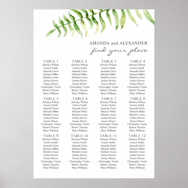 Poster Fern de aquarela. Gráfico de assentos de casamento (Frente)