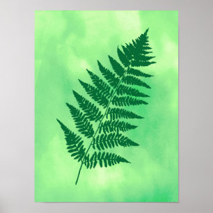 Poster Fern Frond, Green on a Watercolor Background Poste