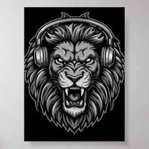 Poster Feroz Leão Rugindo com Fones de Ouvido Monocromo P