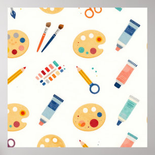Poster Ferramentas de Pintura Artísticas Padrão Fofo Aqua
