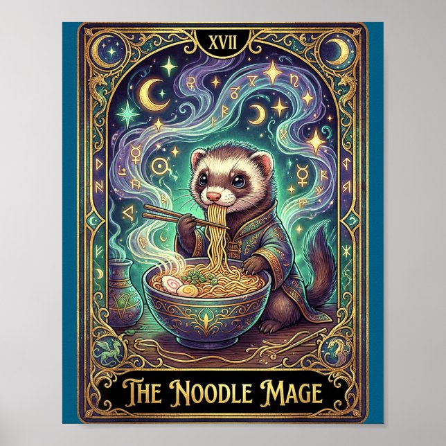 Poster Ferret Eating Ramen Tarot Card Japanese Kawaii Pet (Frente)