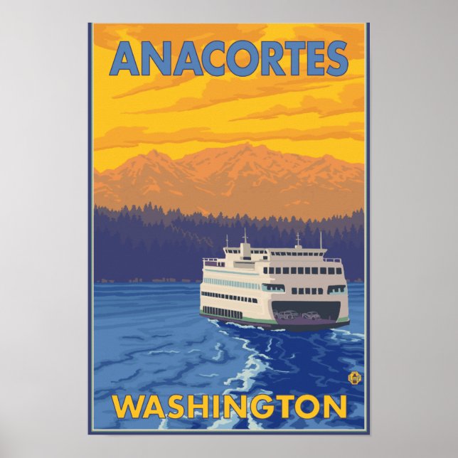 Pôster Ferry and Mounains - Anacortes, Washington (Frente)