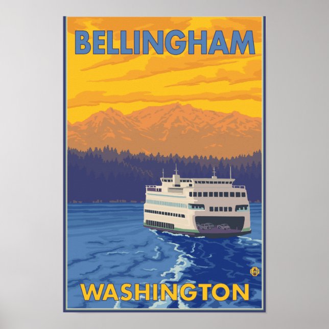 Pôster Ferry and Mountain - Bellingham, Washington (Frente)