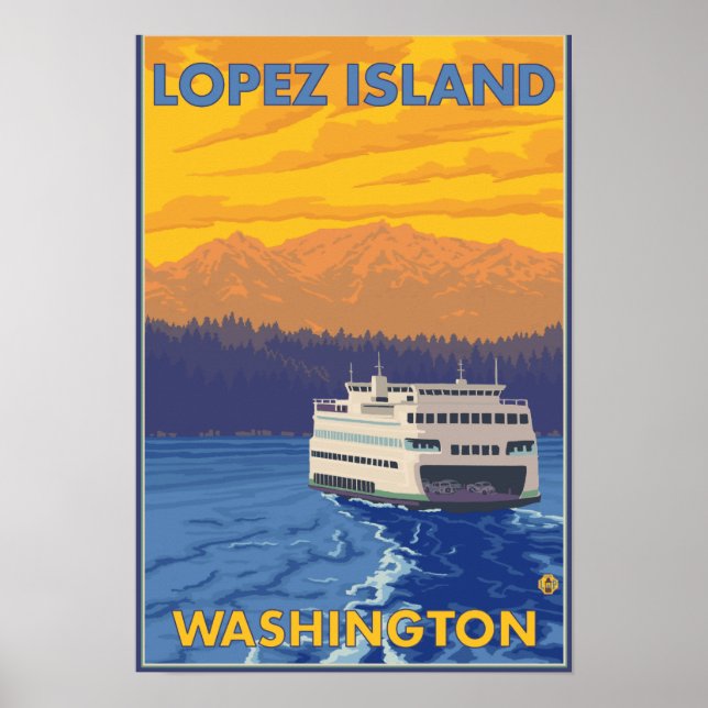 Pôster Ferry and Mountain - Ilha de Lopez, Washington (Frente)