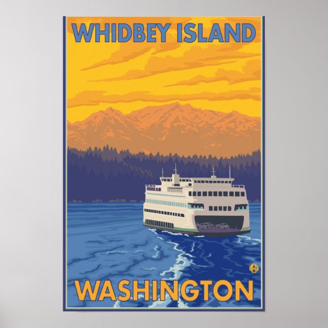 Pôster Ferry and Mountains - Whidbey Island, Washington (Frente)