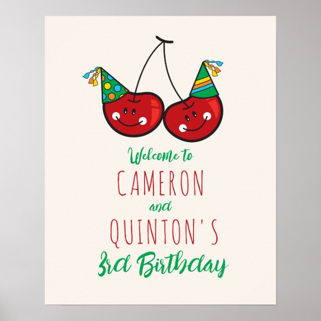 Poster Festa Cheeky Cherries Crianças Gêmeas Aniversário  (Frente)