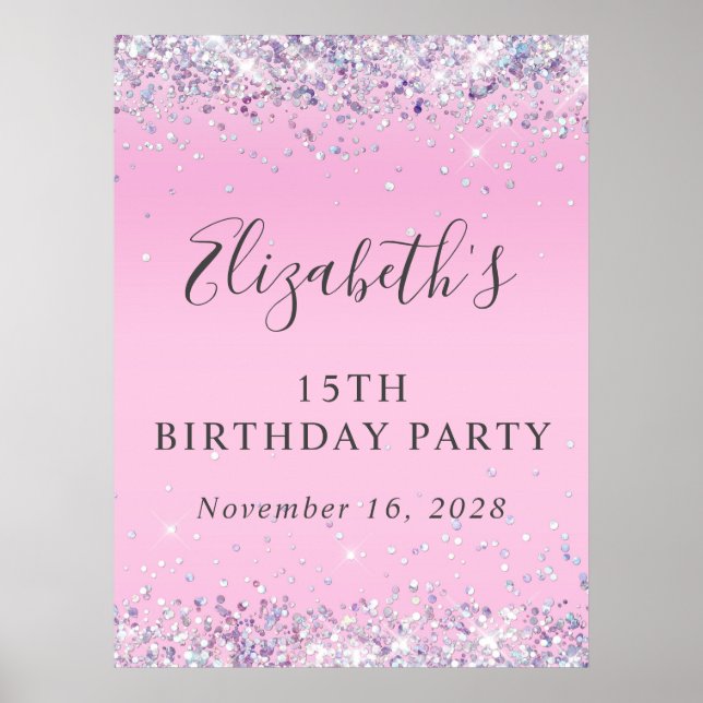 Poster Festa de 15 Anos Glitter Rosa (Frente)