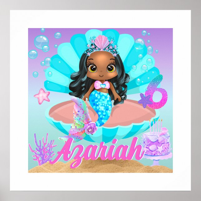 Poster Festa de 6 anos da Princesa Mermaid Preta (Frente)