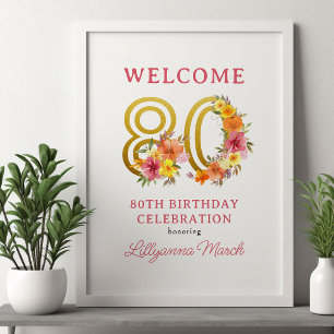 Poster Festa de 80 Anos Número 80 Dourado com Flores Boas