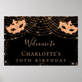 Poster Festa de aniversário com dourado preto máscara de 