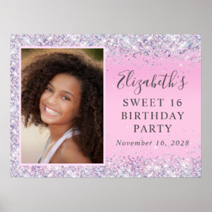 Poster Festa de Aniversário de 16 Anos Glitter Pink Sweet