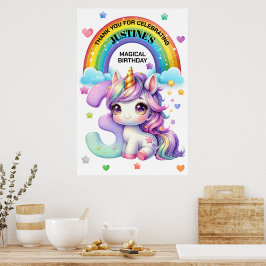Poster Festa de Aniversário de 3 anos Arco-íris e Unicórn
