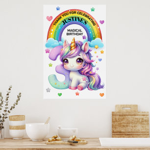 Poster Festa de Aniversário de 3 anos Arco-íris e Unicórn
