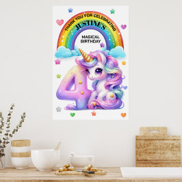 Poster Festa de Aniversário de 4 anos Arco-íris e Unicórn