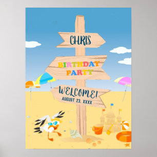 Poster Festa de aniversário de bebê menino na praia com c