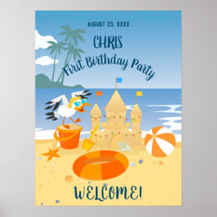 Poster Festa de aniversário de bebê menino na praia com c