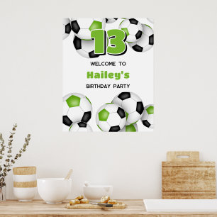 Poster festa de aniversário de bolas de futebol preto ver