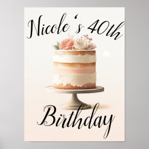 Poster Festa de aniversário De Bolo Floral Elegante Blush