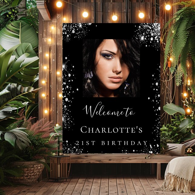 Poster Festa de aniversário de fotos reluzentes de prata  (Criador carregado)