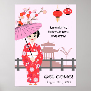 Poster Festa de Aniversário de Menina Japonesa Flor de Ce