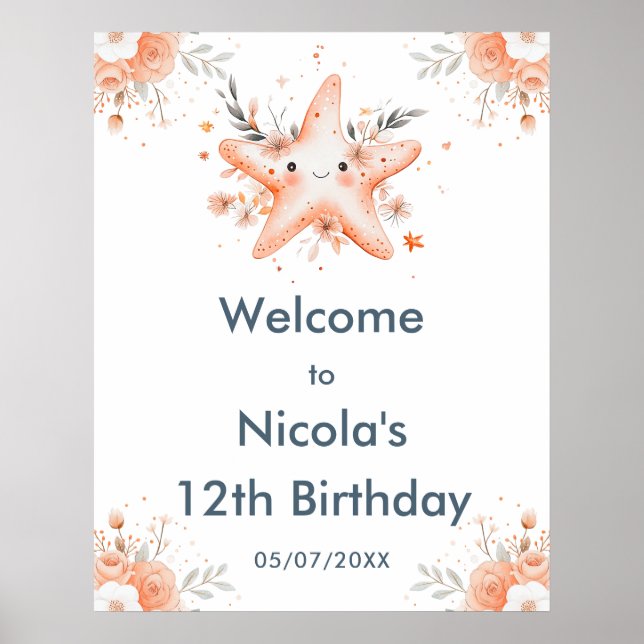 Poster Festa de aniversário de Starfish Floral Bonito Bem (Frente)