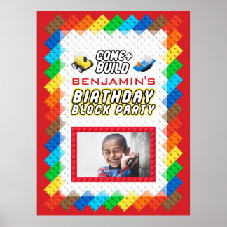 Poster Festa de aniversário de Tema de Construção de Bloc