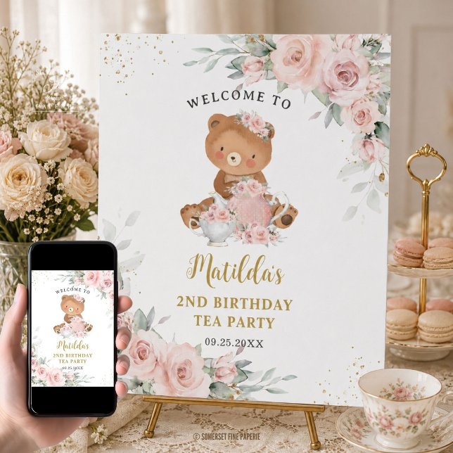 Poster Festa de Aniversário do Ursinho Teddy com Flores R (teddy bear birthday tea party welcome poster sign printed and digital download pretty pink floral )