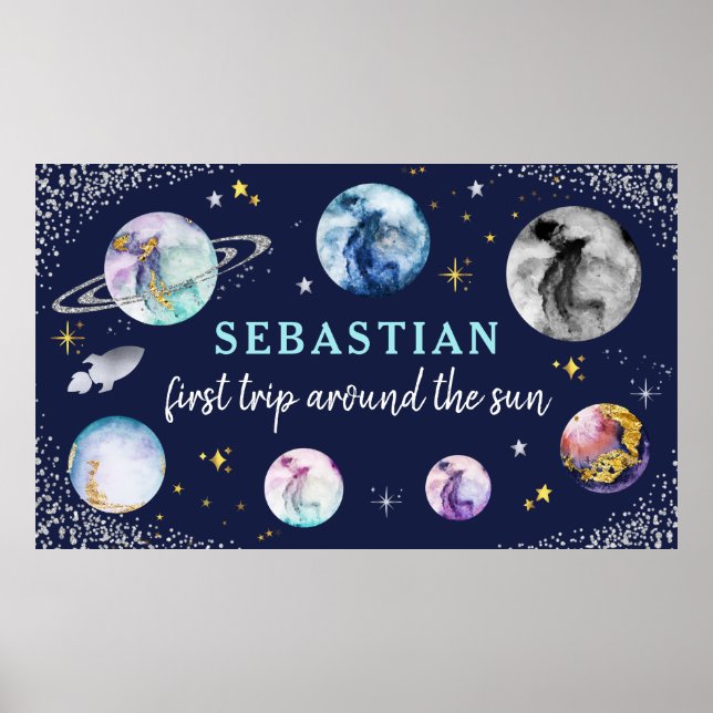 Poster Festa de aniversário Espacial Primeira Viagem Em T (Frente)