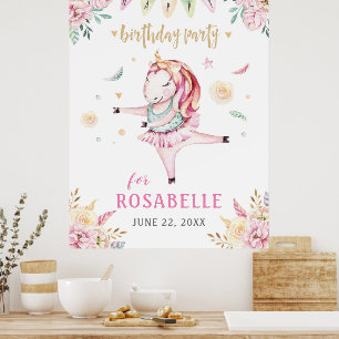 Poster Festa de aniversário Floral Rosa Unicorn Ballerina