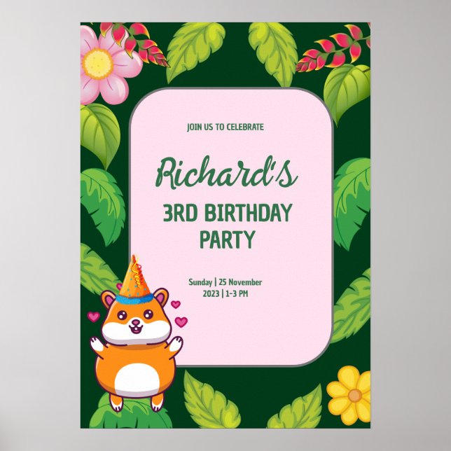 Poster Festa de Aniversário Infantil com Tema Botânico de (Frente)