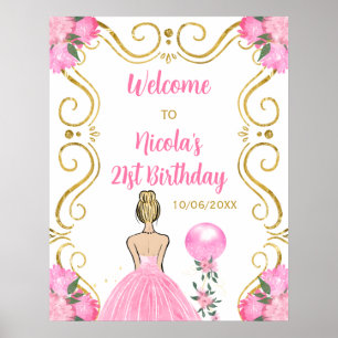 Poster Festa de aniversário Loira Princesa Rosa Bem-vinda