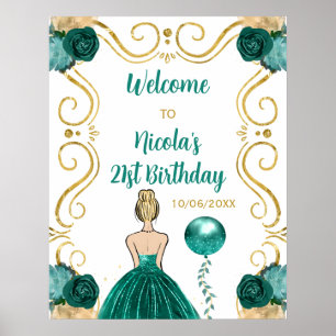 Poster Festa de aniversário Loira Princesa Teal Bem-vinda