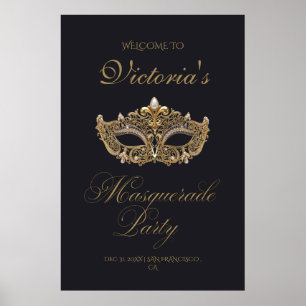Poster Festa de Aniversário Máscara Preta Dourada